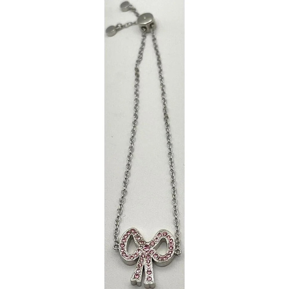 Coach Pink Pave Crystal Bow Pendant Silver-Tone Logo Adjustable Slider Bracelet - Picture 2 of 6
